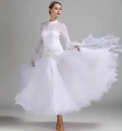 社交ダンスドレス レディース ダンスドレス 長袖 アームドレス ひらひら 刺繍