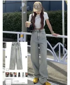 ストレートデニムパンツ ライトブルー　Lサイズ　ギャル　ケミカル　ハイウエスト