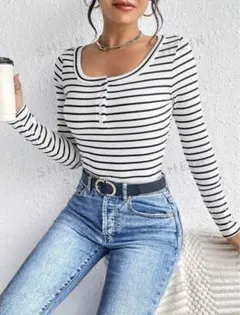 SHEIN Frenchy 縞模様プリント　ハーフボタンTシャツ