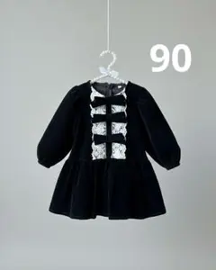 黒ベルベット ワンピース レース装飾 ブラックドレス　パーティ　セレモニードレス