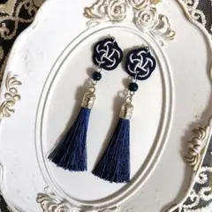 No.6205 水引 ピアス タッセル 紺 和 耳飾り 着物 全長約8.5cm