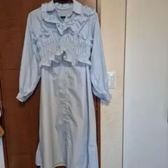 水色ストライプフリルシャツワンピース