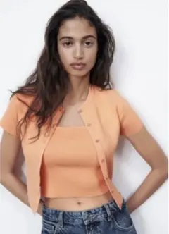 【完売品】ZARA ザラ　ビジューボタン ニットカーディガン　オレンジ　Sサイズ