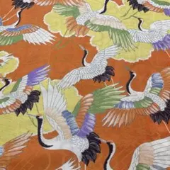 アンティーク　着物はぎれ　正絹　古布　鶴　オレンジ色　36×132㎝