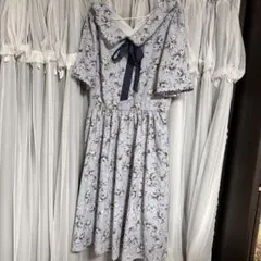 水色 花柄 半袖 ワンピース