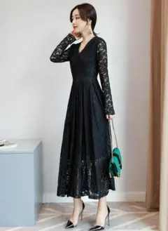 【M】ドレス ブラック ファッション 長袖 かわいい レディース ゆったり