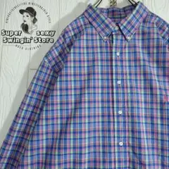 人気 ラルフローレン 長袖シャツ 2XL ブルー チェック ボタンダウン 古着