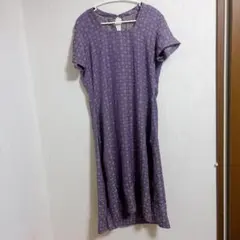小花柄 ひざ丈ワンピース パープル 半袖 ナチュラル レトロ