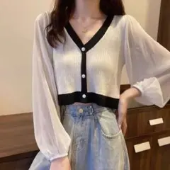 シアースリーブ配色Vネックカーディガン[k8880a]