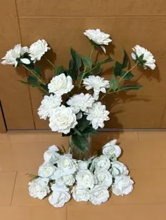 【即購入可】造花 ダリア/白バラ 茎つき大小10本&ミニ15個セット売り