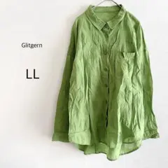 Glitgern 長袖シャツ グリーン LL 水玉 ドット シワ加工 透け感
