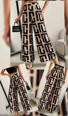 レディース/オーバーサイズ・パラッツォパンツ【ベージュ✕紺・２ＸＬ】新品