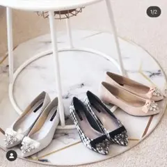 En punto リボンビジューヒールバレエ パンプス シューズ