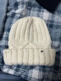アイボリー ニット帽 リブ編み