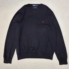 90s ラルフローレン Ralph Lauren Vネック　紺ニット　ロゴ刺繍
