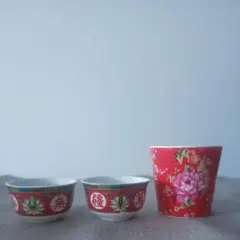 赤い花柄 台湾茶器 ・ 中国茶器 3点セット