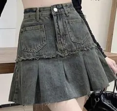 デニム プリーツ ミニスカート 切りっぱなし加工