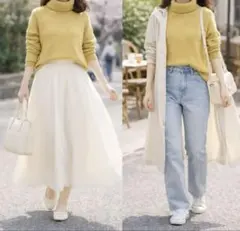 ミモザ のような 春色 ローゲージ ニット タートルネック セーター 辛子色