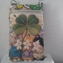 スマホショルダー ハンドメイド ネコ 刺繍柄