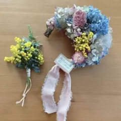 ドライフラワー三日月リース❁⃘*.゜紫陽花とラナンキュラスとミモザミニスワッグつき