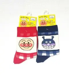 アンパンマン&バイキンマン チェック柄 クルー丈ソックス 13〜19cm2足組