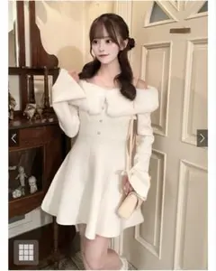 パールストラップ付きファーオフショルダーニットワンピース[tu1776]