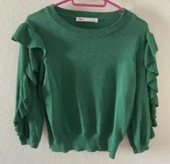 ZARA グリーン　ラメ　フリル　トップス