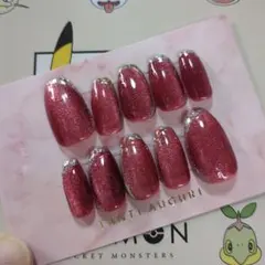 ジェルネイルチップ　赤　マグネット　フレンチ