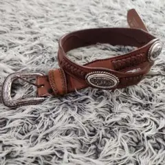 希少！ウエスタン　メキシコ　ブラウンレザー編み込みシルバーコンチョベルト