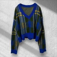 【シーイン】DAZY チェック柄 Vネックセーター 長袖 ゆったり ブルー S