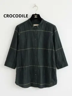 CROCODILE バンドカラー シャツ L グリーン チェック 七分袖のサムネイル