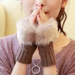 アームウォーマー 手袋 レディース 指なし 手袋 防寒 温かい　ブラウン　ファー