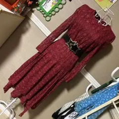 レトロ古着 キラキラ✧総レース 長袖ドレスワンピース ヴィンテージ 古着 赤