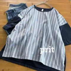 未使用　prit プリット　ストライプ切替5部袖ワイドシャツ