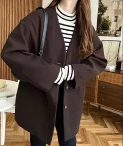 新品タグ付き moment+ ニットメルトンノーカラーミドルコート M