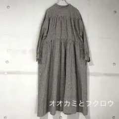 オオカミとフクロウ　ギンガムチェック　ワンピース　ゆったり　ブラック　ベージュ オオカミとフクロウ ギンガムチェック ワンピース ゆったり ブラック