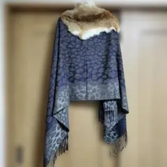 美品　osmosis 大判ストール　マフラー　ラビットファー付　レオパード柄