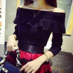 【激かわ】オフショルダー　肩だし　ニットトップス　黒