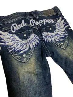 ぷっちょ 様Y2K 刺繍 羽 ウォッシュ加工 ローライズ フレア デニム パンツ