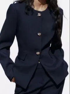 美品 ZARA クルーネックフィットブレザー ジャケット ネイビー　xs