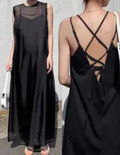 ブラック キャミワンピース シフォン Vネック