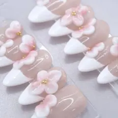 【890】ネイルチップSサイズ 立体フラワーネイル 3D花柄ピンク　白フレンチ