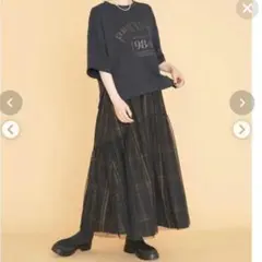 グリーン系 チェック柄 チュール フレアスカート