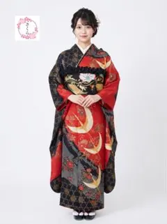 振袖フルセット　朱赤/黒地・ゴールドの飛鶴が舞う格調高い絞りのお振袖　正絹