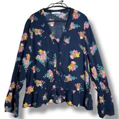 【MANGO】レディース長袖ブラウス フラワープリント ネイビーのサムネイル