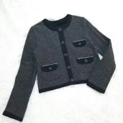 【美品】ツイードライクカーディガン グレー ニットジャケット バイカラーのサムネイル