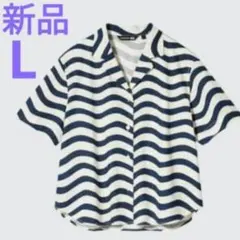 ☆新品☆UNIQLO　Marimekko　リネンブレンドシャツ　半袖　紺　Lのサムネイル
