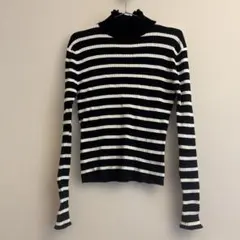 ZARA リブ編みニット　タートルネックセーター 黒白ストライプ ボーダー　L