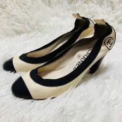 CHANEL シャネル ココマーク レザー パンプス 34 1/2 黒　白
