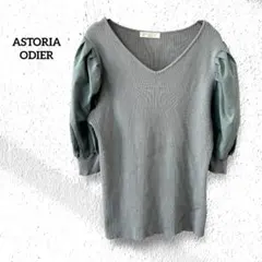 アストリアオディール【M】Ｖネックリブニット バルーン袖 ドッキング春夏トップス